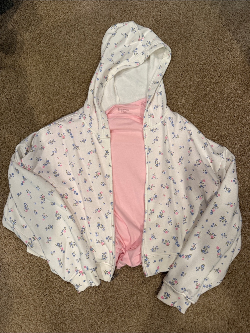 No Boundaries White Floral Hooded Sweatjacket with Pink Long Sleeved T-Shirt